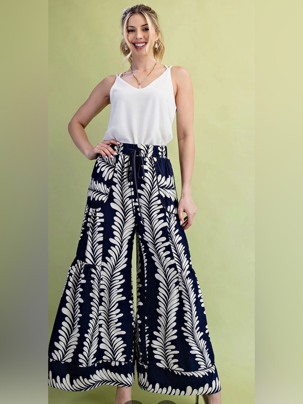 Navy Cream Wide Leg Flowy Elastic Patterned Pants